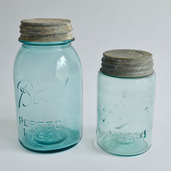 Ball Blue Canning Jars Zinc Lids Vintage Lot of 2 Mold #2 and Unknown - Picture 1 of 8
